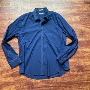 Express Fitted navy blue long sleeve shirt with white polka dot trim